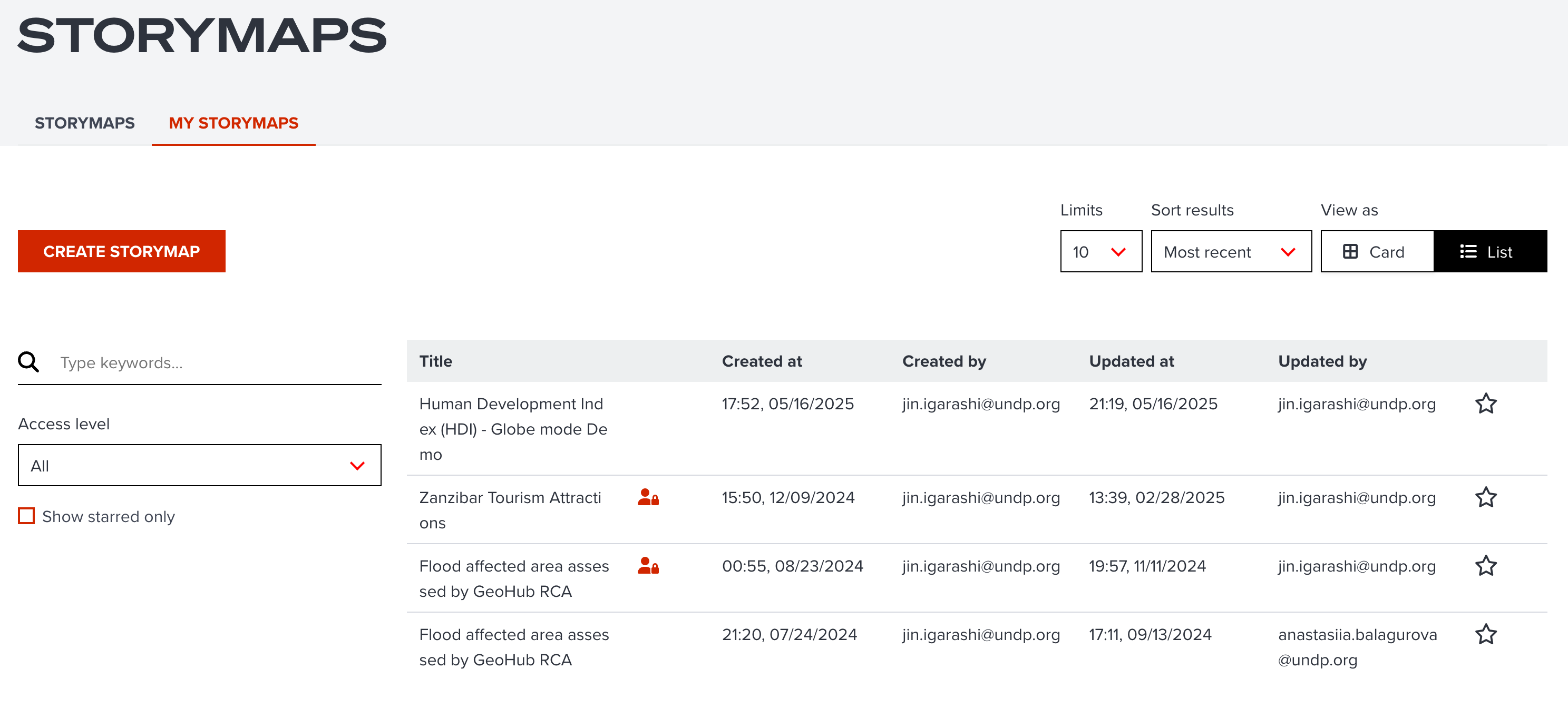 List view of My storymap tab