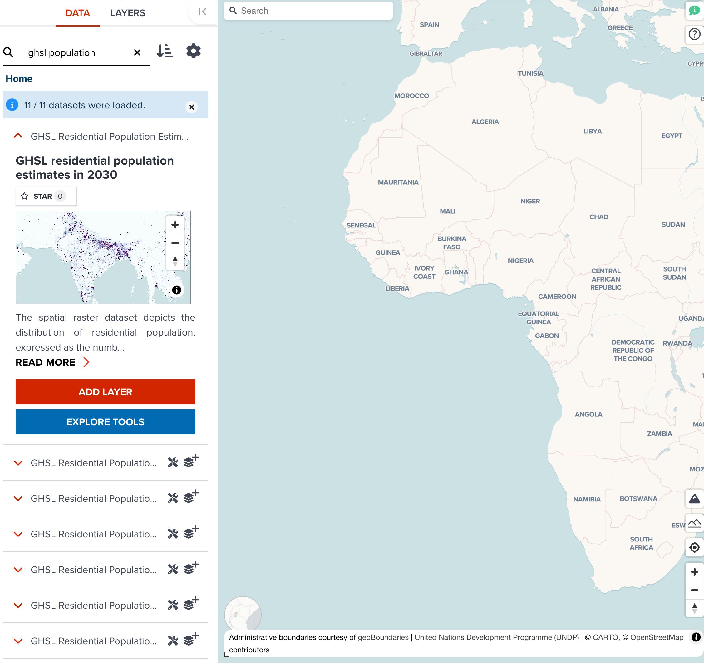 Searching GHSL population dataset at Data tab